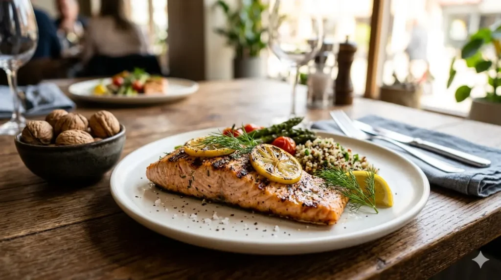 Grilled salmon and walnuts as examples of healthy prostate foods.