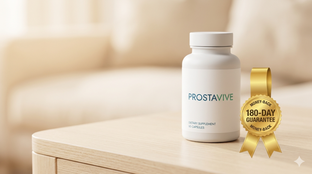 The official ProstaVive bottle with a 180-day money-back guarantee seal