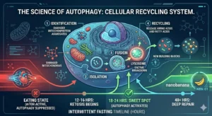 Cellular autophagy process diagram showing lysosome fusion and recycling of damaged components