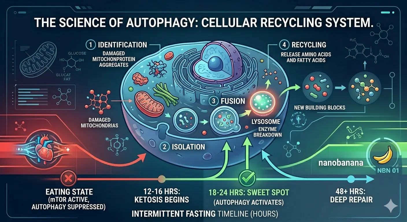 Cellular autophagy process diagram showing lysosome fusion and recycling of damaged components