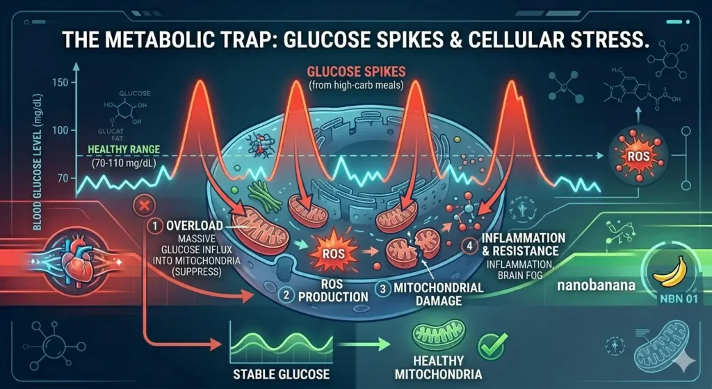 Glucose spike diagram showing mitochondrial overload and oxidative stress (ROS).