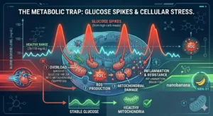 Glucose spike diagram showing mitochondrial overload, ROS production, and systemic inflammation