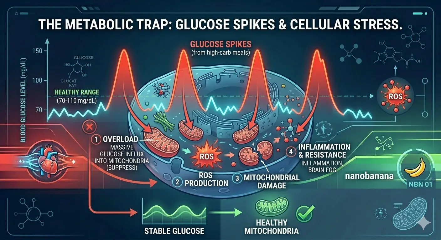 Glucose spike diagram showing mitochondrial overload, ROS production, and systemic inflammation