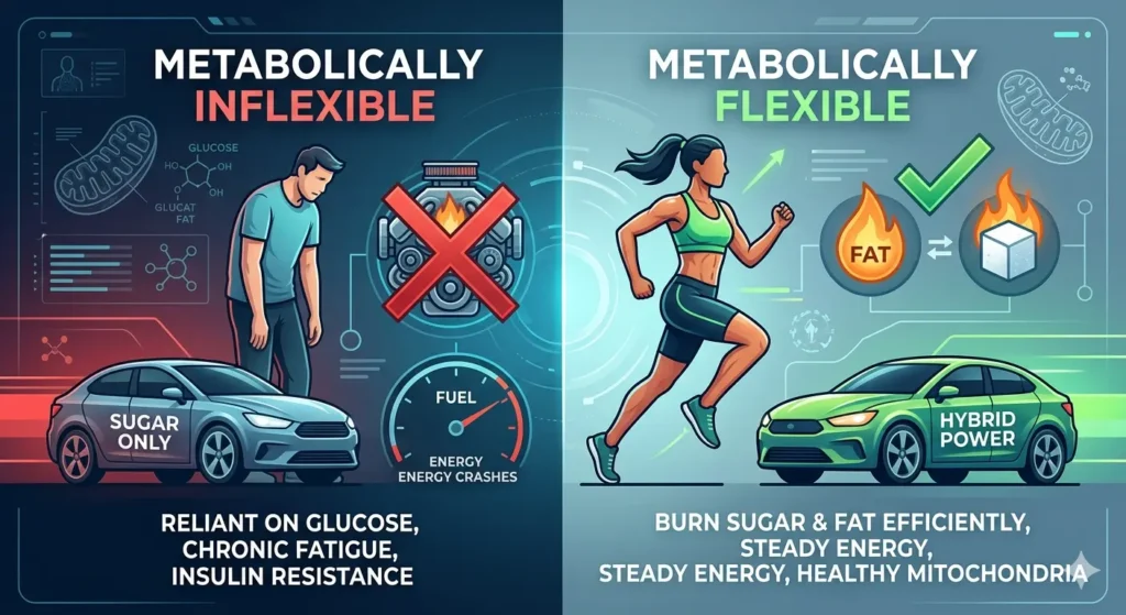 Metabolic flexibility comparison infographic: sugar burner vs fat burner.