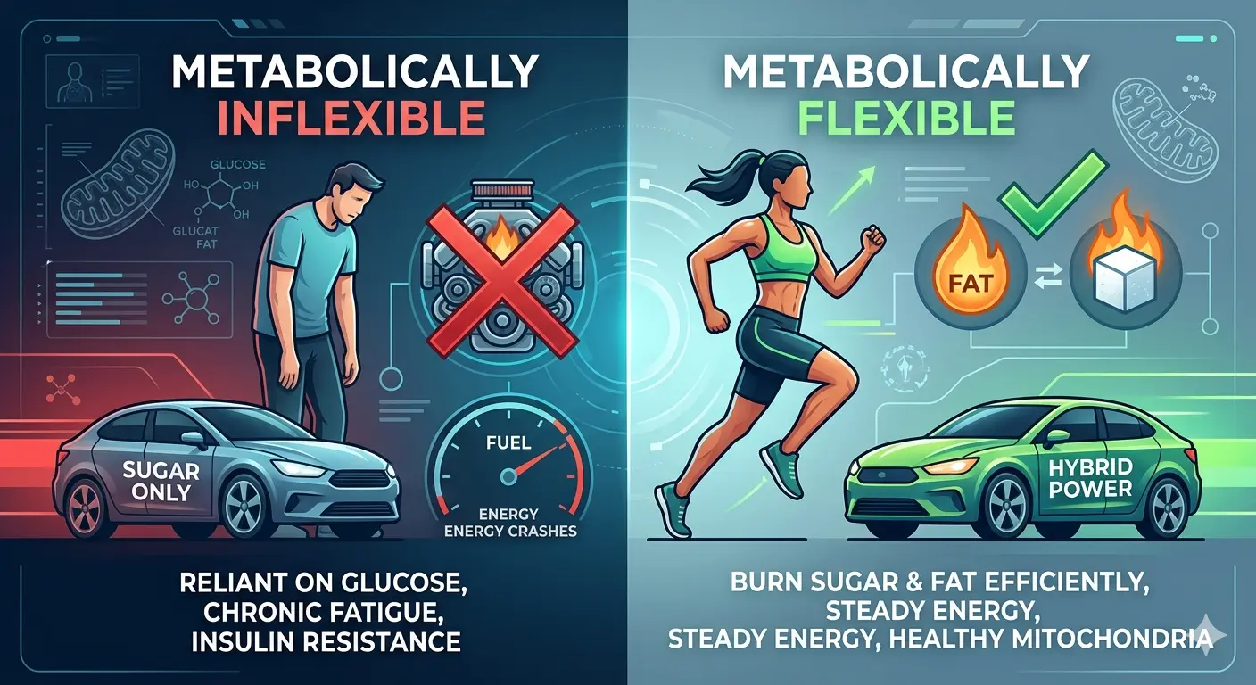 Metabolic flexibility comparison infographic: sugar burner vs fat burner.