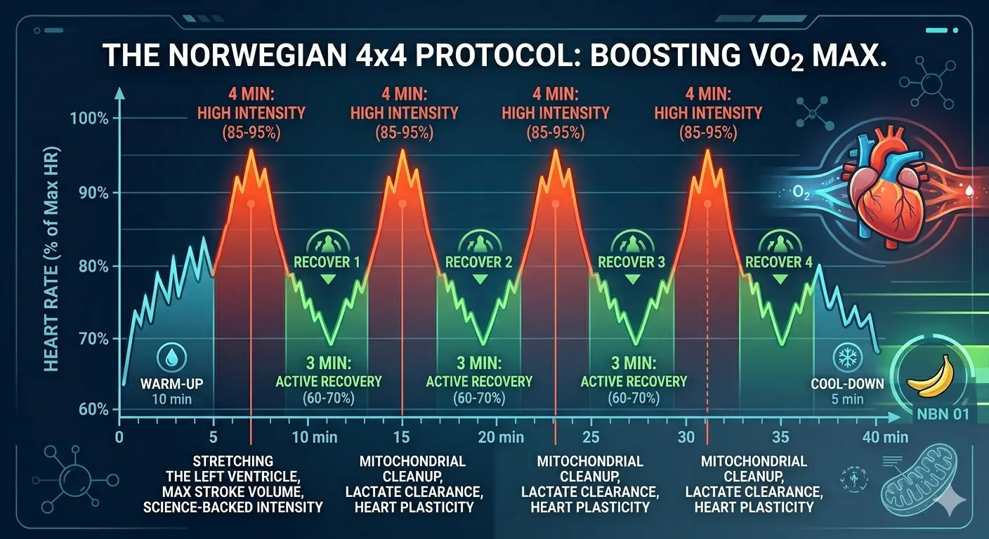 Norwegian 4x4 protocol heart rate graph showing intensity peaks and recovery valleys.
