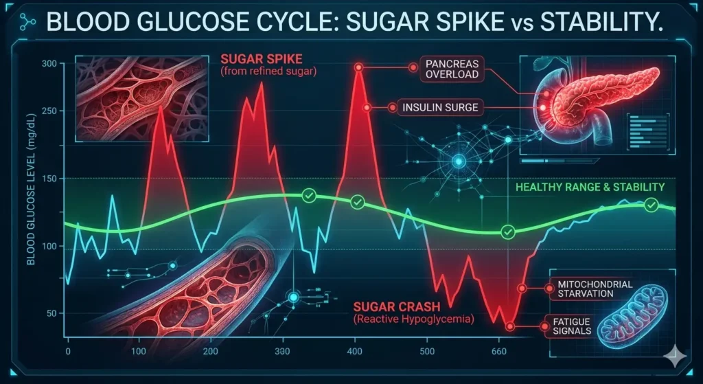 A high-tech sci-fi data interface showing a jagged graph where massive red peaks, labeled as refined sugar spikes and subsequent crashes, lead to mitochondrial exhaustion, contrasting with a smooth green curve of stable blood glucose.