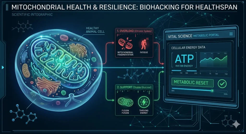 A scientific medical visualization contrasting a fragmented, damaged mitochondrion starved of energy against a healthy, robust mitochondrion thriving within an animal cell, illustrating the cellular reset goal of the Vital Science metabolic optimization strategy.