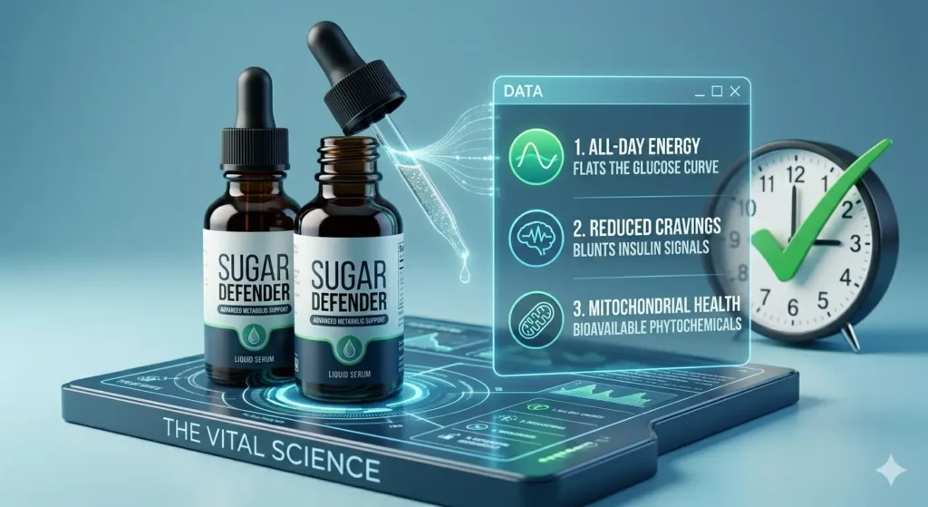 A sleek product shot featuring the Sugar Defender liquid serum bottles on a Vital Science base with glowing data overlays listing benefits like all-day energy and reduced cravings, next to a 3 PM clock with a green checkmark indicating alertness.