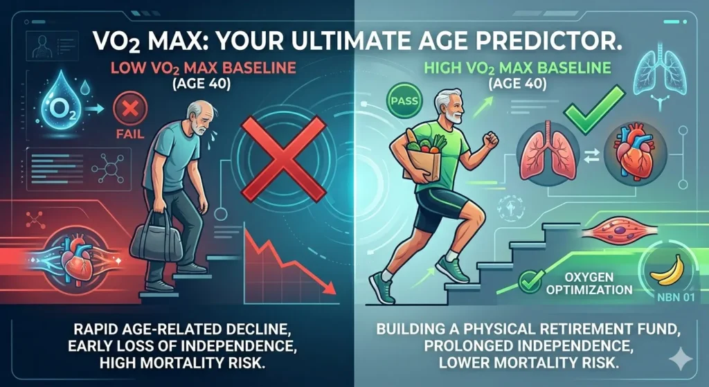 VO2 Max and Longevity infographic comparing rapid decline vs prolonged physical independence.