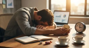 A defeated person slumped over their modern desk at 3 PM, displaying extreme fatigue, brain fog, and empty coffee cups, representing the afternoon sugar crash described in the Vital Science article.