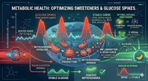 Scientific visualization of Metabolic Health showing Monk Fruit Allulose and Stevia preventing glucose spikes glycation and mitochondrial overload contrasting against sugar damage