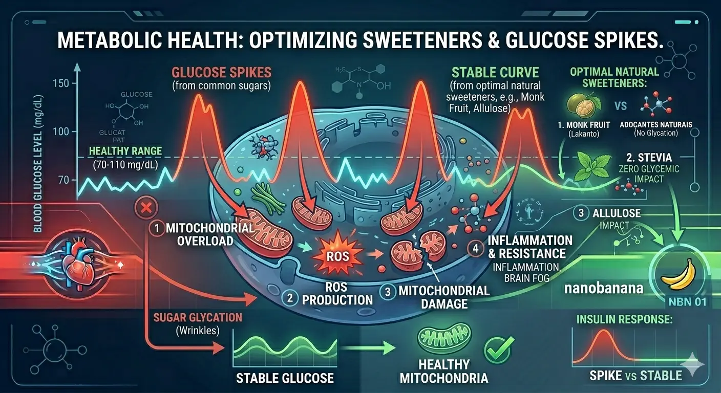 Scientific visualization of Metabolic Health showing Monk Fruit Allulose and Stevia preventing glucose spikes glycation and mitochondrial overload contrasting against sugar damage